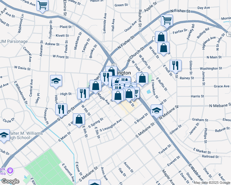 map of restaurants, bars, coffee shops, grocery stores, and more near 102 East Front Street in Burlington