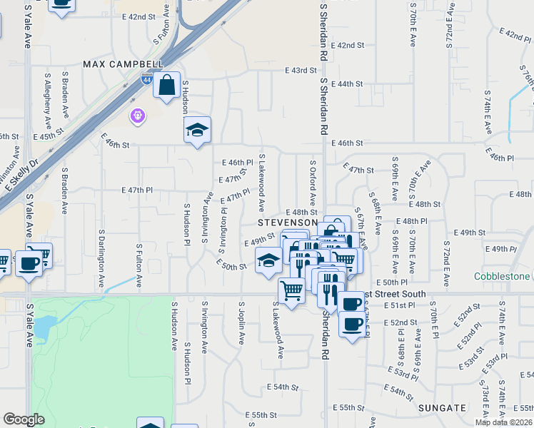 map of restaurants, bars, coffee shops, grocery stores, and more near 4720 South Lakewood Avenue in Tulsa