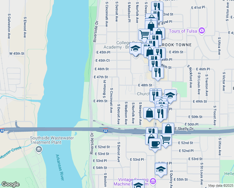 map of restaurants, bars, coffee shops, grocery stores, and more near 4826 South Detroit Avenue in Tulsa