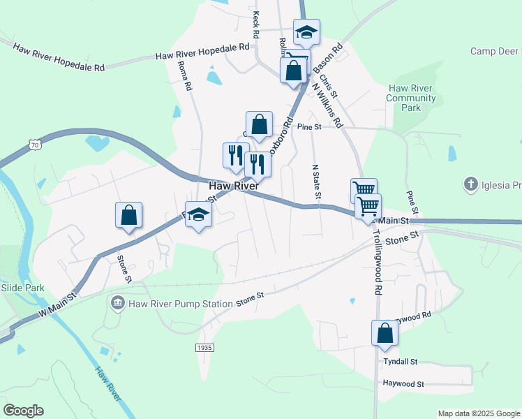 map of restaurants, bars, coffee shops, grocery stores, and more near 115 2nd Street in Haw River
