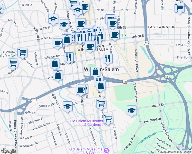 map of restaurants, bars, coffee shops, grocery stores, and more near North Carolina 150 in Winston-Salem