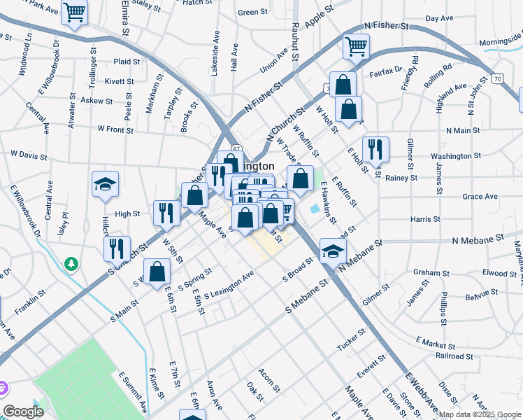 map of restaurants, bars, coffee shops, grocery stores, and more near 102 East Front Street in Burlington