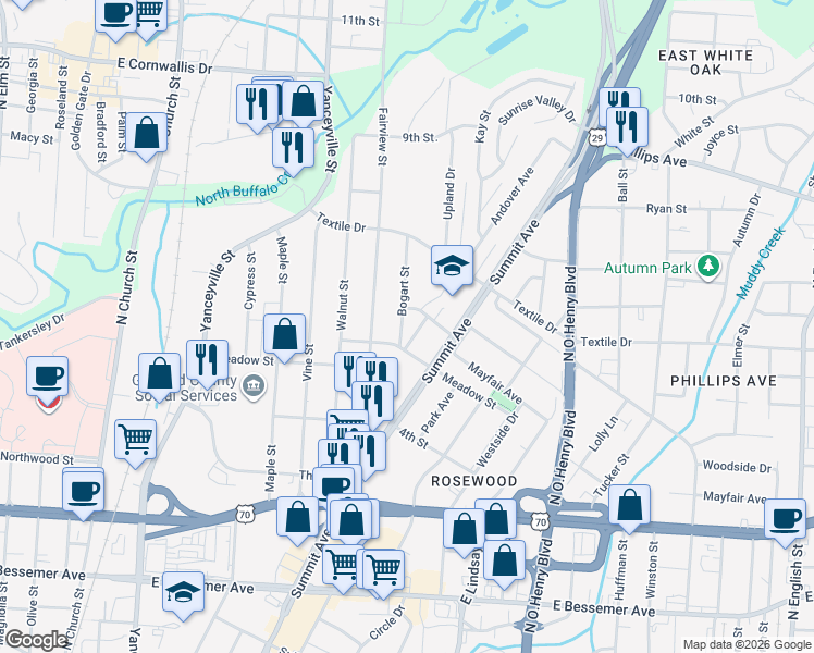 map of restaurants, bars, coffee shops, grocery stores, and more near 1307 Andover Avenue in Greensboro