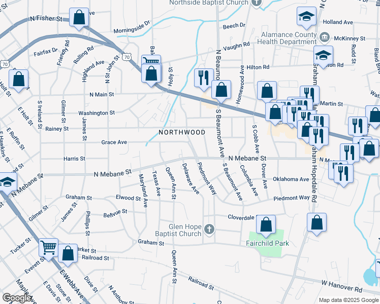 map of restaurants, bars, coffee shops, grocery stores, and more near 413 Piedmont Way in Burlington