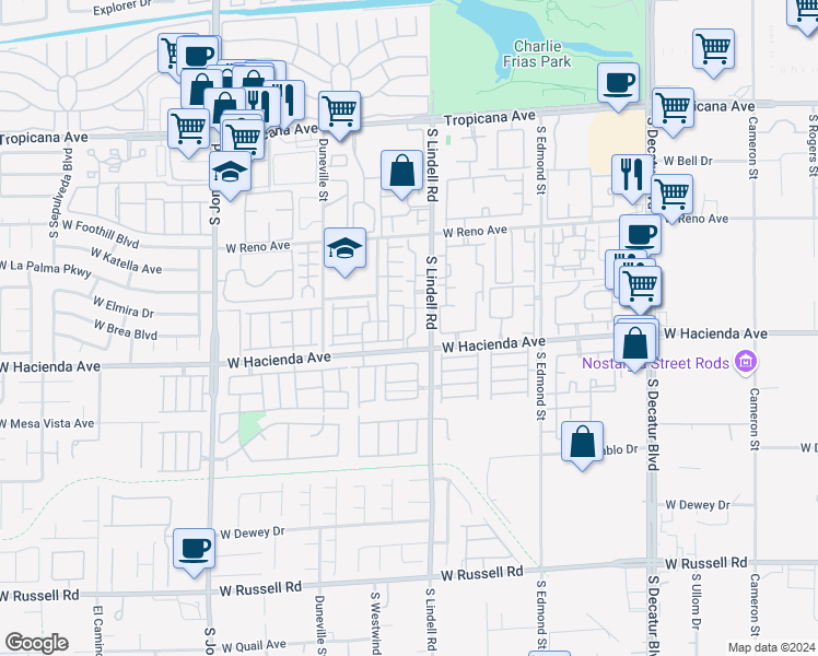 map of restaurants, bars, coffee shops, grocery stores, and more near 5221 South Lindell Road in Las Vegas