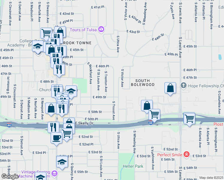 map of restaurants, bars, coffee shops, grocery stores, and more near 4690 South Troost Avenue in Tulsa