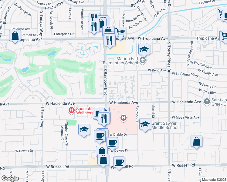 map of restaurants, bars, coffee shops, grocery stores, and more near 5250 South Rainbow Boulevard in Las Vegas