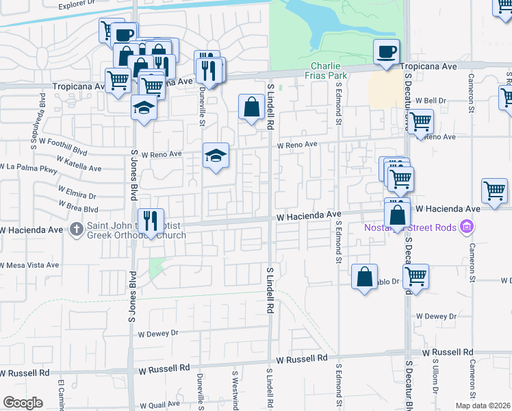 map of restaurants, bars, coffee shops, grocery stores, and more near 5221 South Lindell Road in Las Vegas