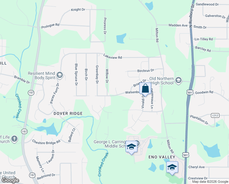 map of restaurants, bars, coffee shops, grocery stores, and more near 5612 Willow Drive in Durham