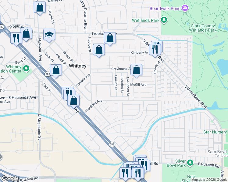 map of restaurants, bars, coffee shops, grocery stores, and more near 5240 Emelita Street in Las Vegas