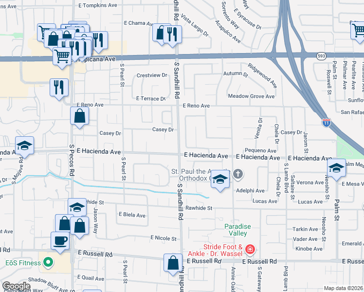 map of restaurants, bars, coffee shops, grocery stores, and more near 5231 South Sandhill Road in Las Vegas