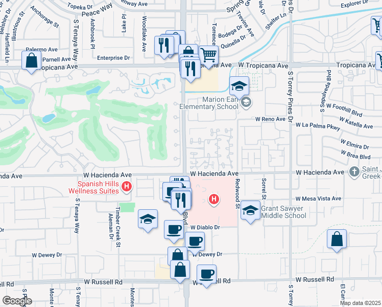 map of restaurants, bars, coffee shops, grocery stores, and more near 5250 South Rainbow Boulevard in Las Vegas