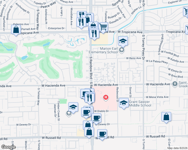 map of restaurants, bars, coffee shops, grocery stores, and more near 5250 South Rainbow Boulevard in Las Vegas