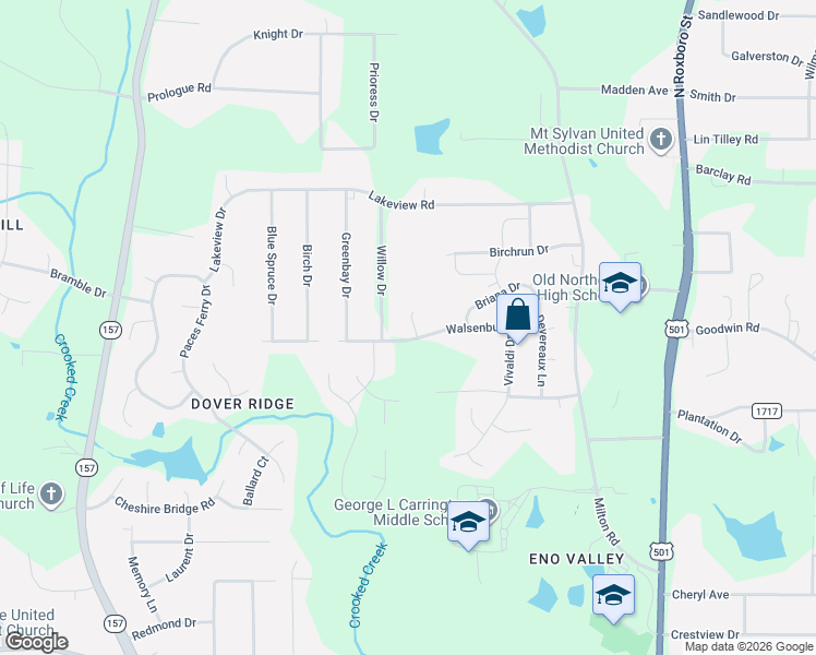 map of restaurants, bars, coffee shops, grocery stores, and more near 5612 Willow Drive in Durham