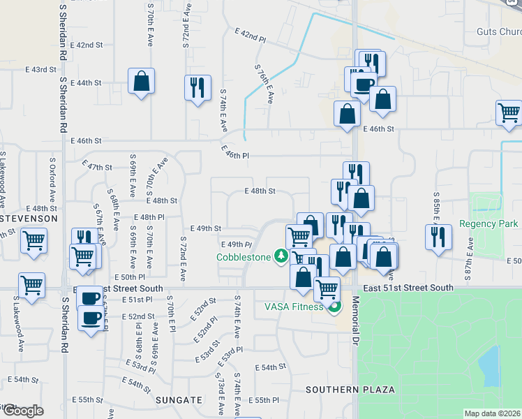 map of restaurants, bars, coffee shops, grocery stores, and more near 7446 East 48th Street in Tulsa
