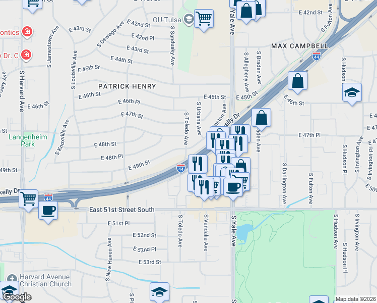 map of restaurants, bars, coffee shops, grocery stores, and more near 4740 South Toledo Avenue in Tulsa