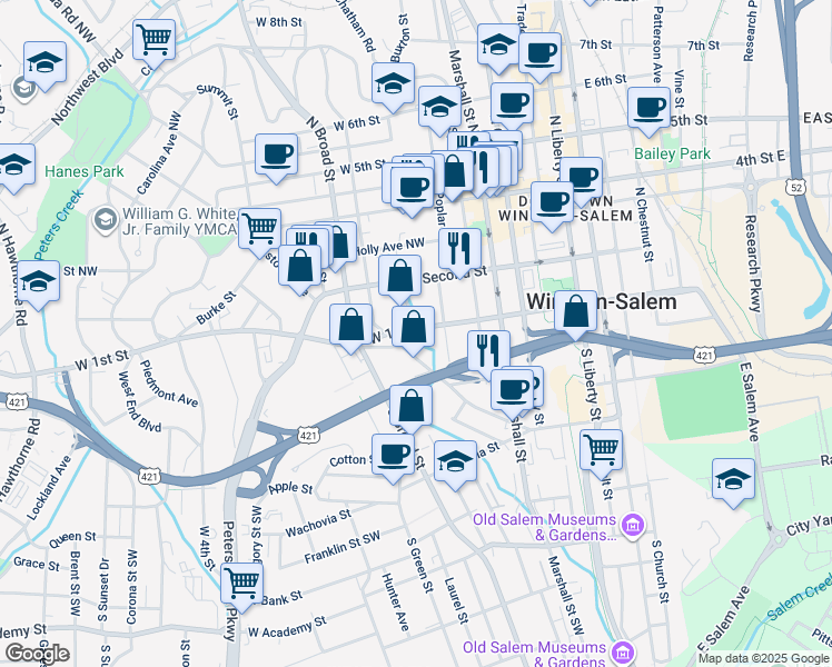 map of restaurants, bars, coffee shops, grocery stores, and more near 620 West 1st Street in Winston-Salem