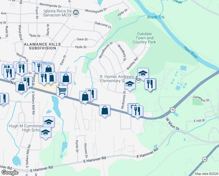 map of restaurants, bars, coffee shops, grocery stores, and more near 213 Woodhaven Drive in Burlington