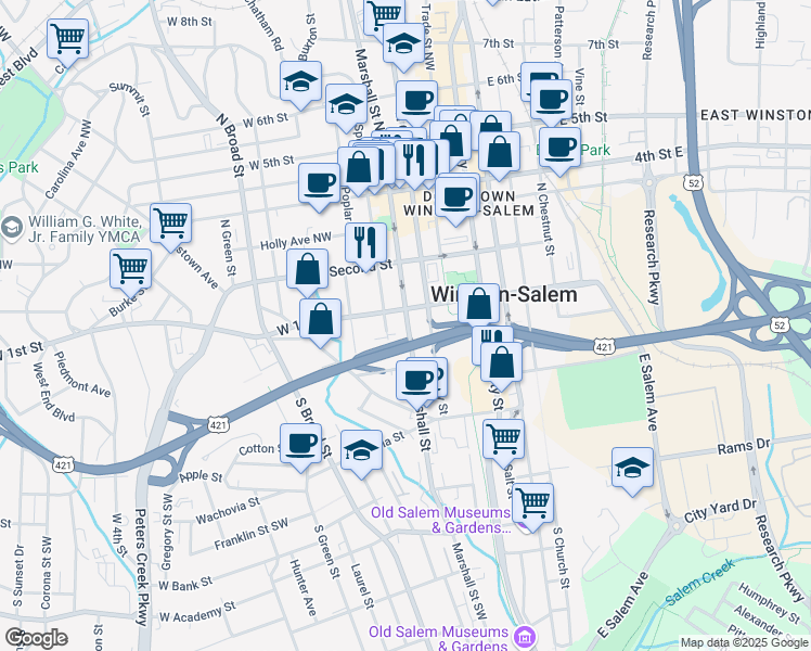 map of restaurants, bars, coffee shops, grocery stores, and more near 110 Marshall St S in Winston-Salem