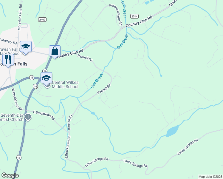 map of restaurants, bars, coffee shops, grocery stores, and more near 528 Pennell Road in Moravian Falls