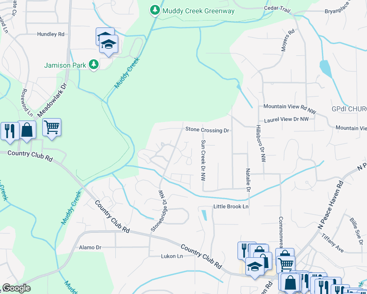 map of restaurants, bars, coffee shops, grocery stores, and more near 1005 Heatherstone Court in Winston-Salem