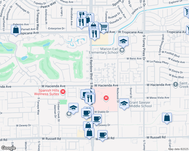 map of restaurants, bars, coffee shops, grocery stores, and more near 5250 South Rainbow Boulevard in Las Vegas