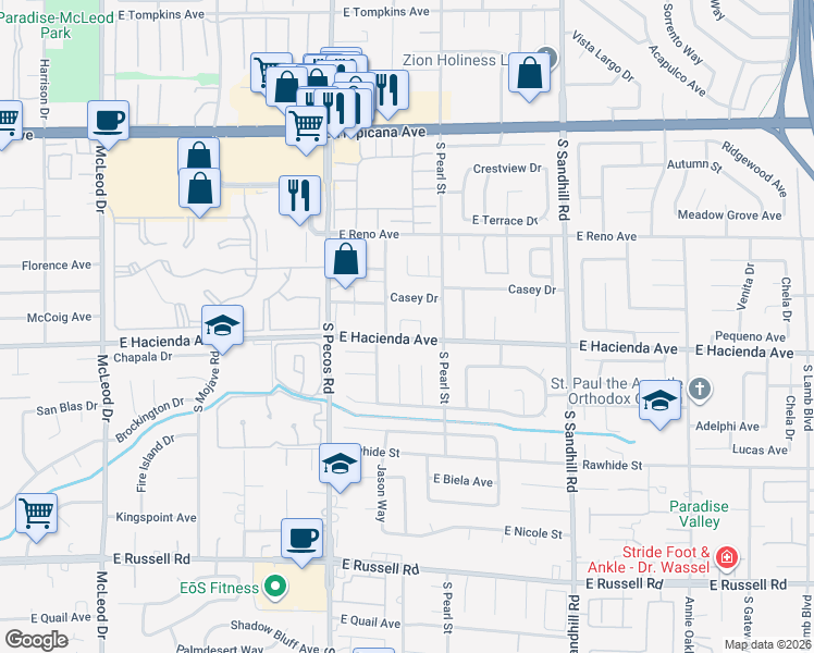 map of restaurants, bars, coffee shops, grocery stores, and more near 5278 Hilltop Street in Las Vegas