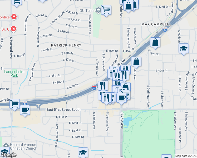map of restaurants, bars, coffee shops, grocery stores, and more near 4740 South Toledo Avenue in Tulsa
