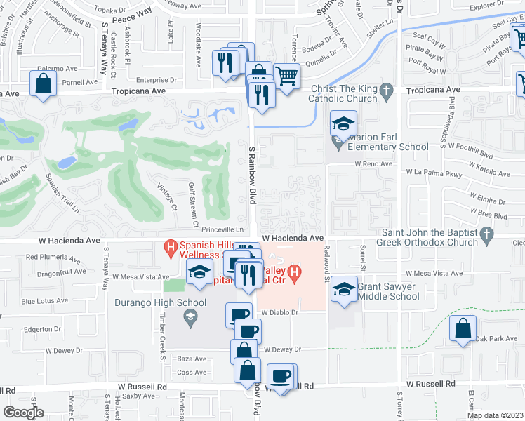 map of restaurants, bars, coffee shops, grocery stores, and more near 5250 South Rainbow Boulevard in Las Vegas
