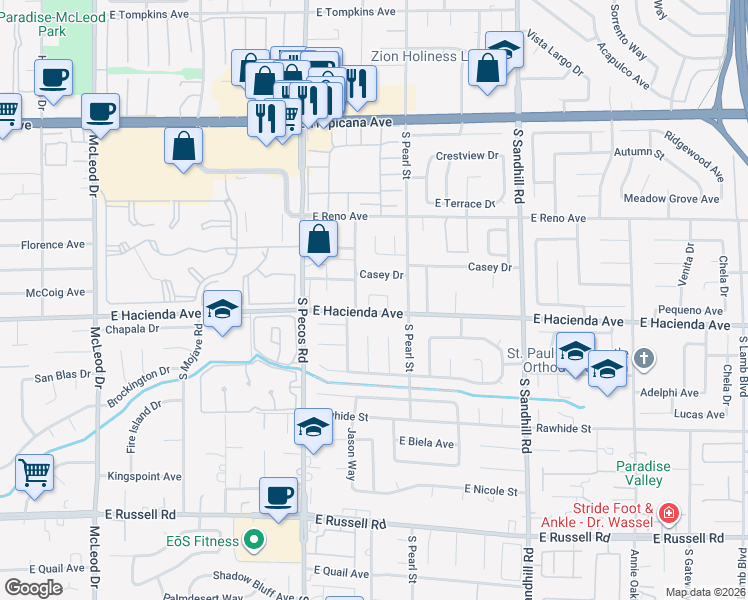map of restaurants, bars, coffee shops, grocery stores, and more near 5278 Hilltop Street in Las Vegas