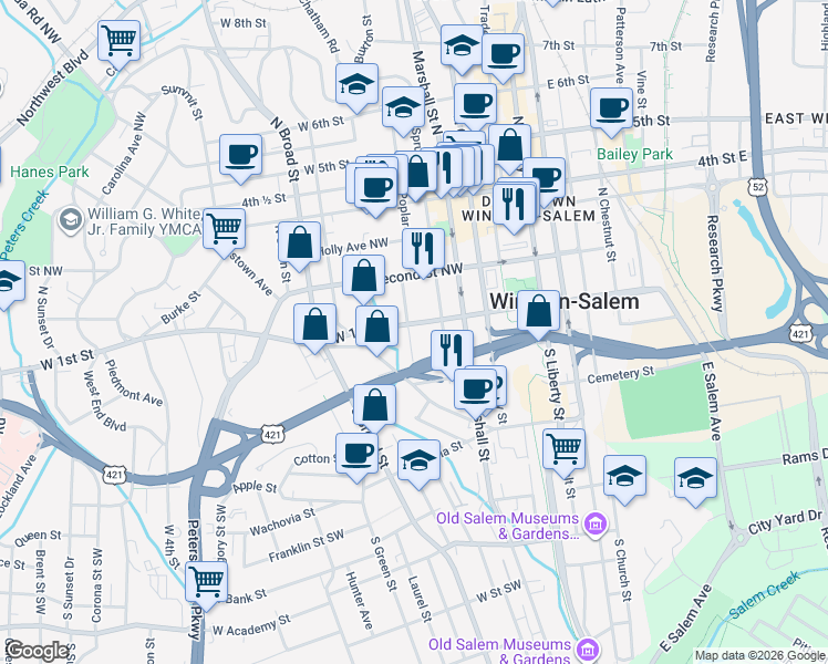 map of restaurants, bars, coffee shops, grocery stores, and more near 102 North Spruce Street in Winston-Salem