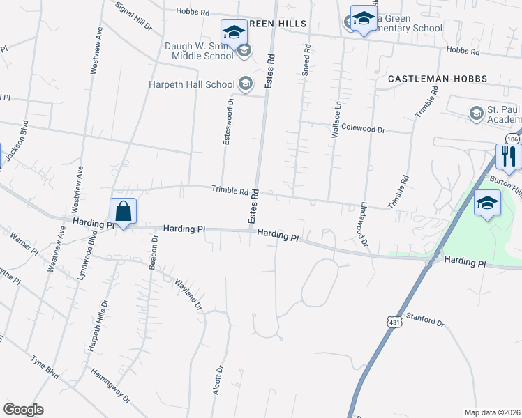 map of restaurants, bars, coffee shops, grocery stores, and more near 3801 Trimble Road in Nashville