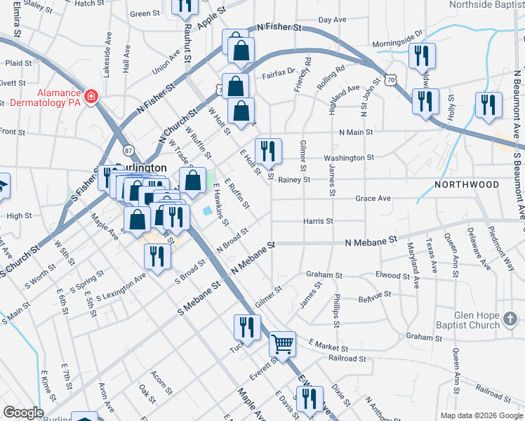 map of restaurants, bars, coffee shops, grocery stores, and more near 315 South Ireland Street in Burlington