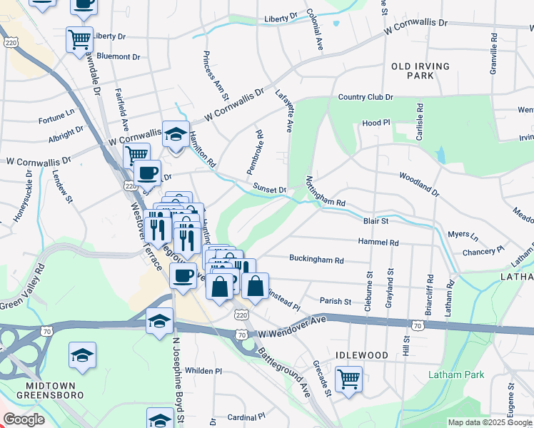 map of restaurants, bars, coffee shops, grocery stores, and more near 1912 Lafayette Avenue in Greensboro