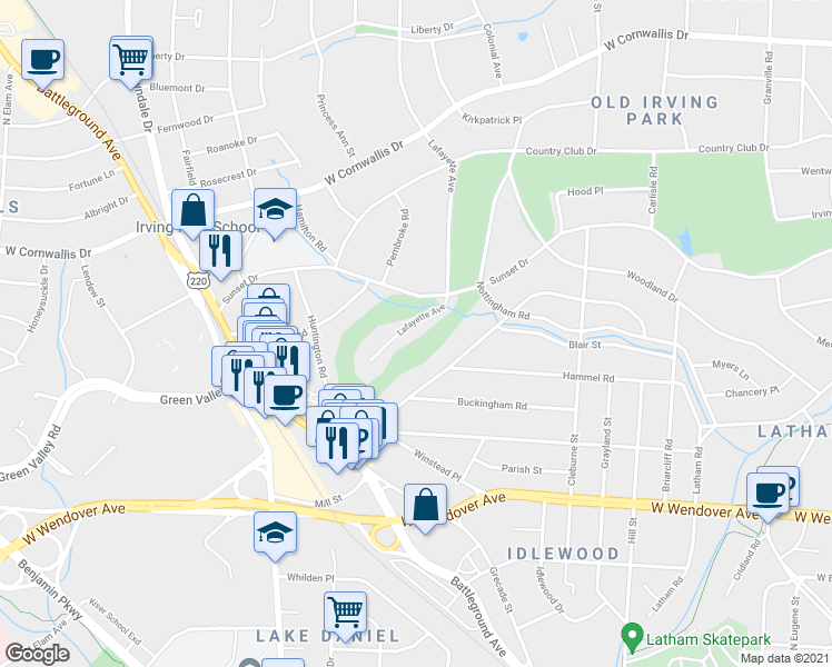 map of restaurants, bars, coffee shops, grocery stores, and more near 1912 Lafayette Avenue in Greensboro