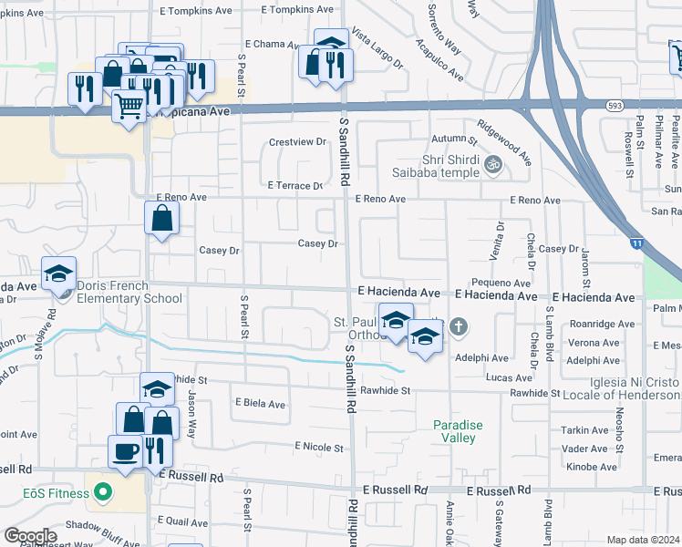map of restaurants, bars, coffee shops, grocery stores, and more near 5261 South Sandhill Road in Las Vegas