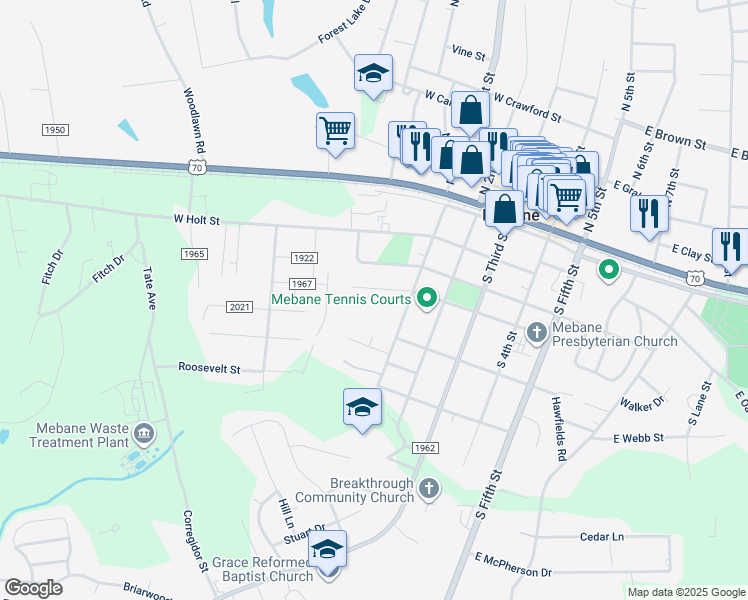 map of restaurants, bars, coffee shops, grocery stores, and more near 411 West Lee Street in Mebane