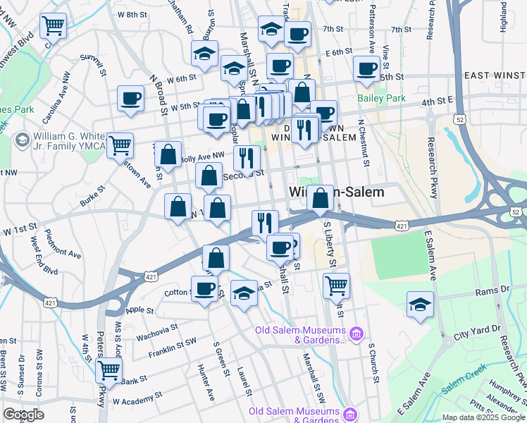 map of restaurants, bars, coffee shops, grocery stores, and more near 111 South Spruce Street in Winston-Salem