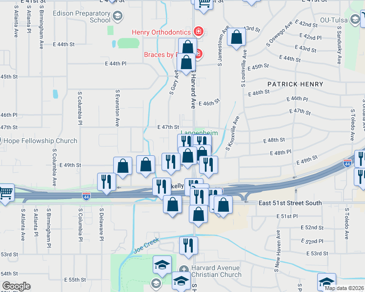 map of restaurants, bars, coffee shops, grocery stores, and more near 4752 South Harvard Avenue in Tulsa