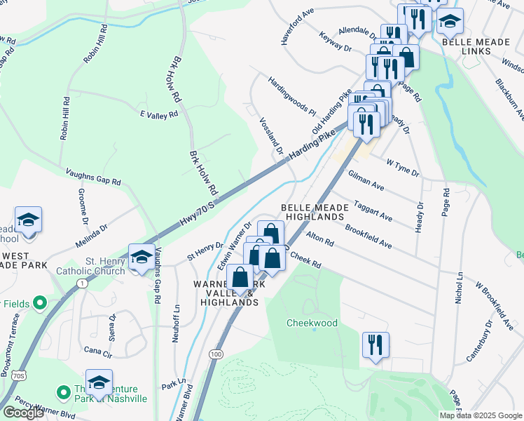 map of restaurants, bars, coffee shops, grocery stores, and more near 1037 Edwin Warner Drive in Nashville