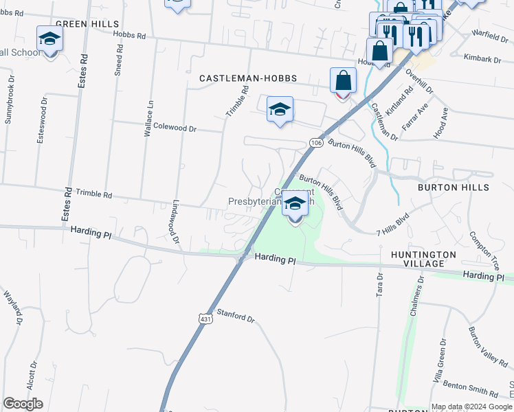 map of restaurants, bars, coffee shops, grocery stores, and more near 301 Summit Ridge Circle in Nashville