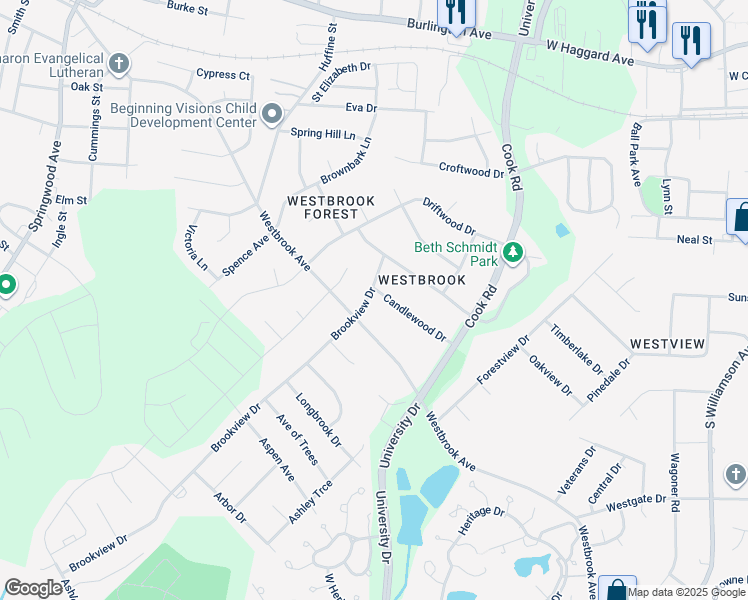 map of restaurants, bars, coffee shops, grocery stores, and more near 1207 Candlewood Drive in Elon