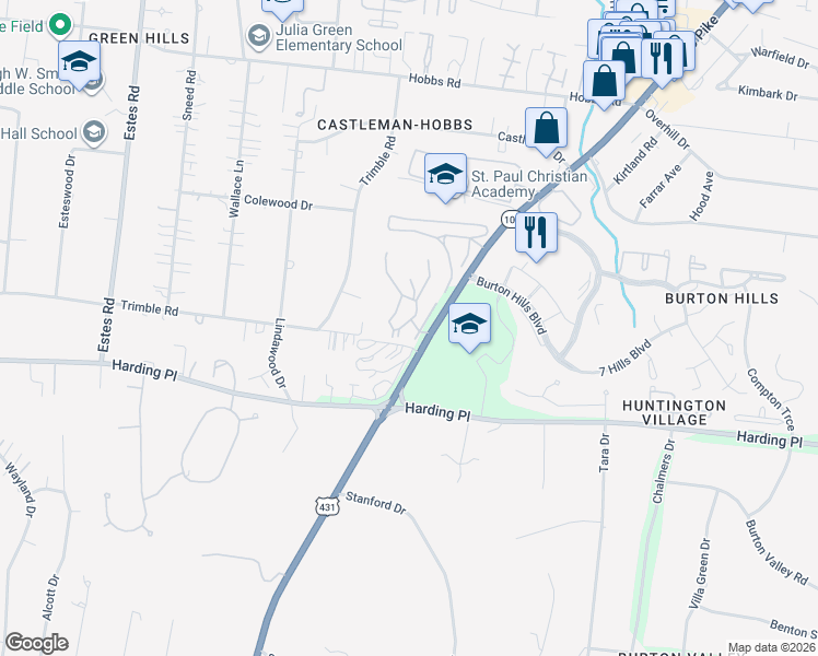 map of restaurants, bars, coffee shops, grocery stores, and more near 301 Summit Ridge Circle in Nashville