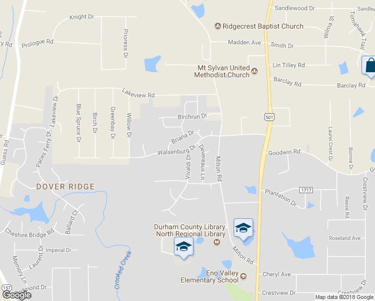 map of restaurants, bars, coffee shops, grocery stores, and more near 519 Vivaldi Drive in Durham
