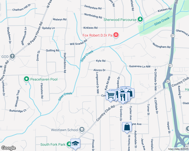 map of restaurants, bars, coffee shops, grocery stores, and more near 240 Longwood Drive Northwest in Winston-Salem