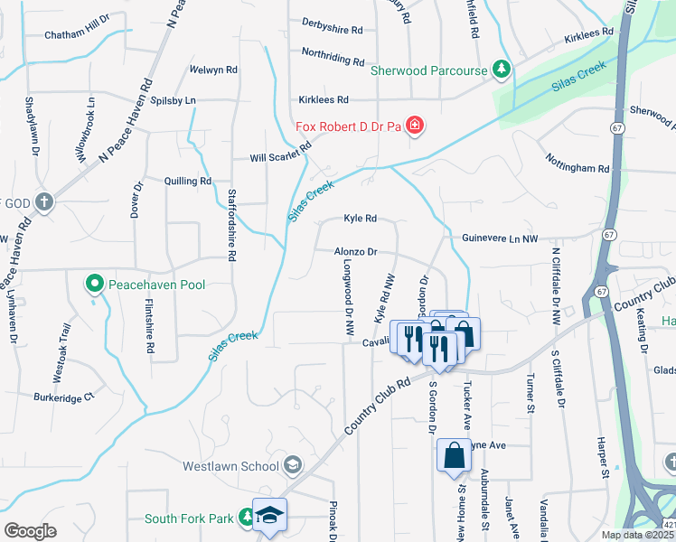 map of restaurants, bars, coffee shops, grocery stores, and more near 240 Longwood Drive Northwest in Winston-Salem