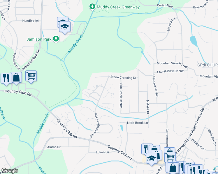 map of restaurants, bars, coffee shops, grocery stores, and more near 1005 Heatherstone Court in Winston-Salem