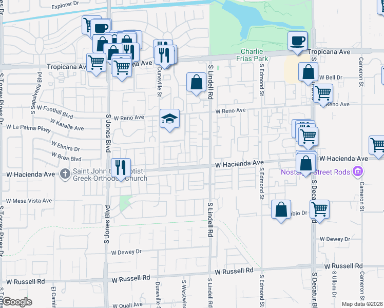 map of restaurants, bars, coffee shops, grocery stores, and more near 5250 Souvenir Lane in Las Vegas