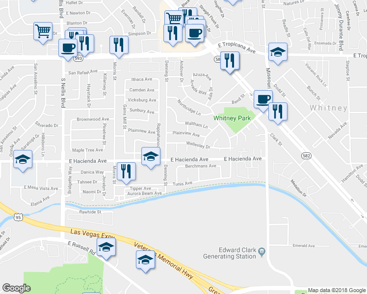 map of restaurants, bars, coffee shops, grocery stores, and more near 5480 Wellesley Drive in Las Vegas