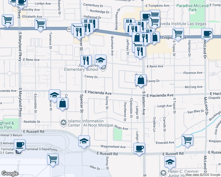 map of restaurants, bars, coffee shops, grocery stores, and more near 5233 Burnham Avenue in Las Vegas